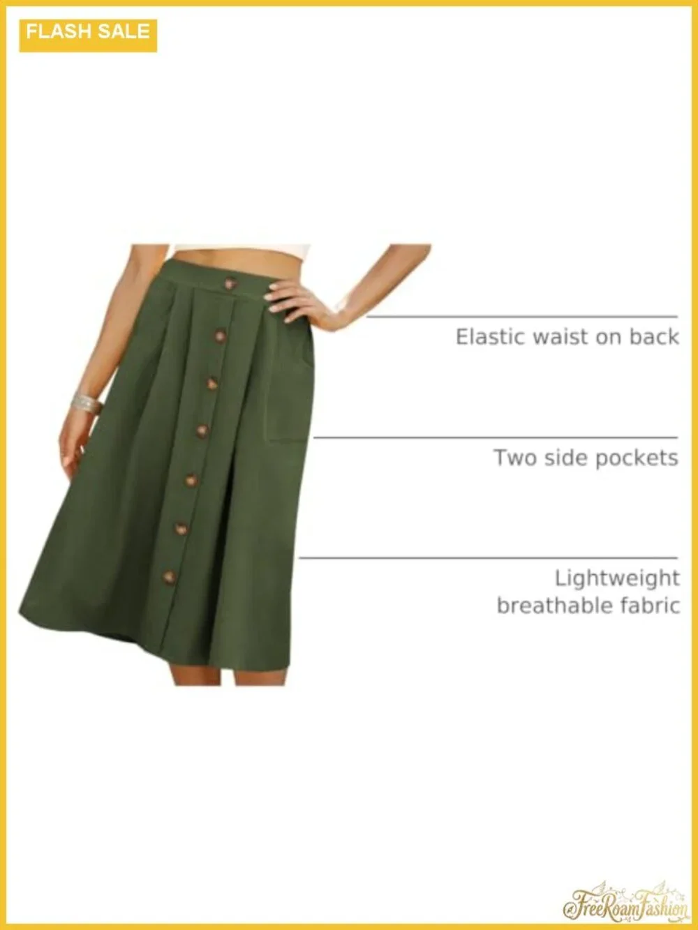 Women's High Waisted A-Line Midi Skirt with Pockets Casual Front Button
